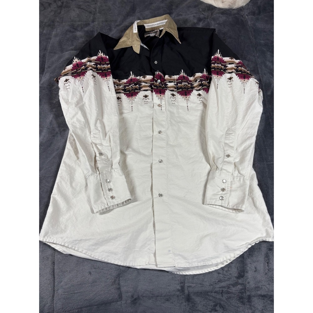 Cumberland Outfitters Mens Aztec Western Pearl Snap Shirt White Black Medium